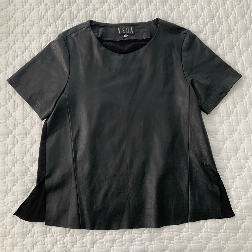 Veda black Leather Mixed Media Top